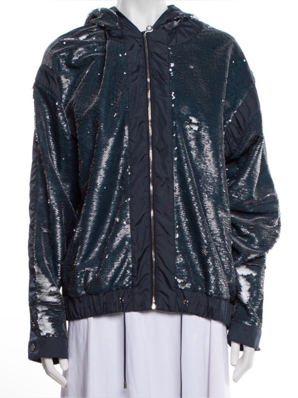 CHANEL Navy Sequin Hooded Zip Jacket with Silver Accents - Picture 8 of 9